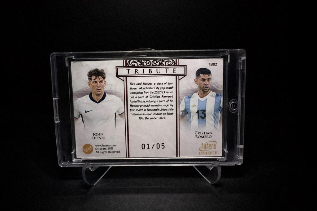 John Stones and Cristian Romero game worn patch card