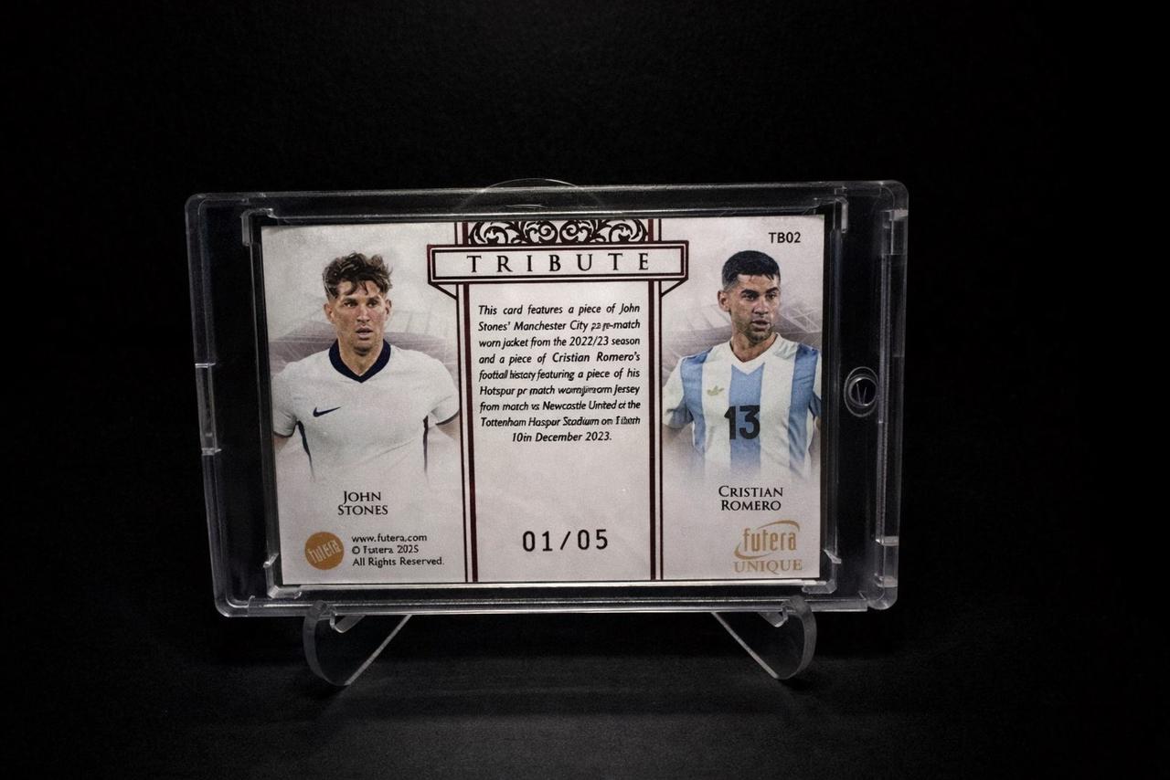 John Stones and Cristian Romero game worn patch card